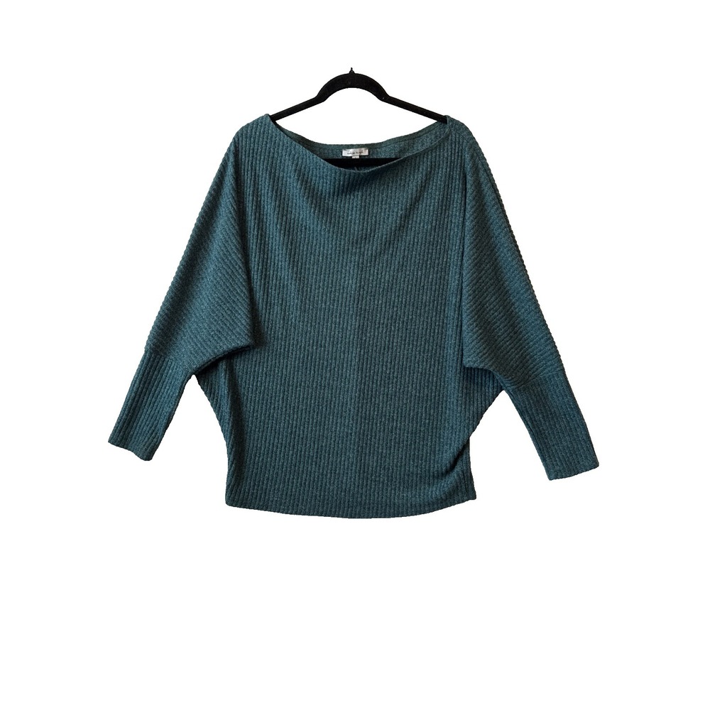 White Birch Deep Teal‎ Dolman Slouch Fitted Waist Boatneck Knit Sweater L Boho